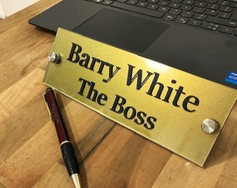 Personalised Gold effect Desk Name Plate, Custom Sign, Plaque, Steel Stands.