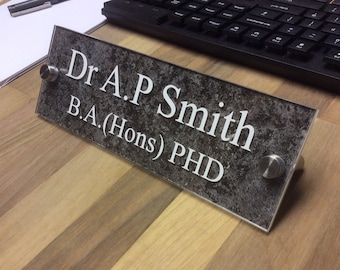 Personalised Granite acrylic Desk Name Plate, Custom Sign, Plaque, Steel Stands.