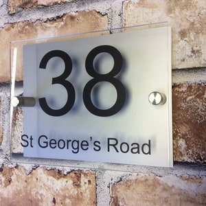 MODERN HOUSE SIGN Plaque Door Number Name Glass Effect front Aluminium Back Personalised Stand off fixings supplied