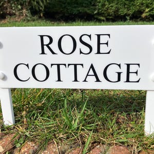PERSONALISED / CUSTOM HOUSE Name Sign with Posts / Legs / Spikes / White 300mm x 120mm (plus legs)