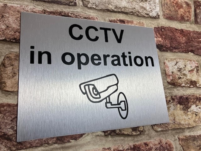 CCTV in operation Security sign - Brushed Aluminium with Black lettering 250mm x 170mm weatherproof, long lasting