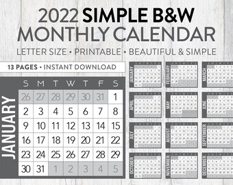 Calendario mensual gris en blanco y negro 2022, plantilla de calendario imprimible, calendario hermoso simple, calendario anual, tamaño carta