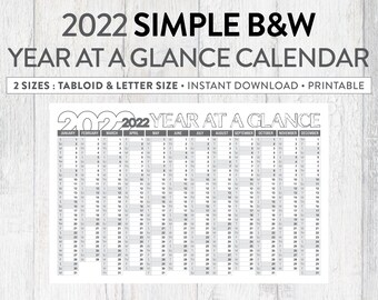 Calendario anual gris en blanco y negro 2022, resumen del año, tamaño póster (11 x 17), tamaño carta, calendario imprimible