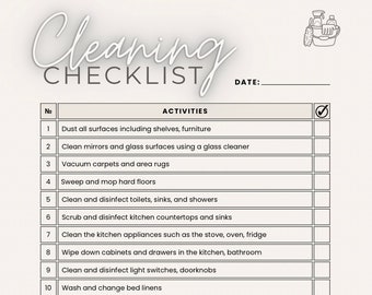 May include: A cleaning checklist with a list of 10 cleaning tasks, including dusting, vacuuming, and cleaning the kitchen. A checkmark is next to the first task on the list. A cartoon illustration of a bucket with cleaning supplies is in the top right corner of the checklist.