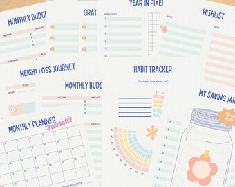 May include: A set of printable planner pages with designs for budgeting, weight loss, and habit tracking. Includes a January monthly planner. The pages use pastel colours and handwritten fonts, with decorative elements like flowers and stars.