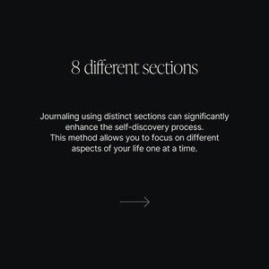 May include: Text on a black background that reads "8 different sections". Journaling using distinct sections can significantly enhance the self-discovery process. This method allows you to focus on different aspects of your life one at a time.
