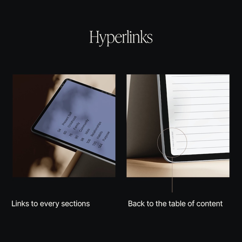May include: A digital tablet with a white screen and a table of contents with hyperlinks to different sections. The text on the screen includes "Present Self", "Childhood", "Family", "Community", "Goals", "Relationships", "Habits", and "Purpose".