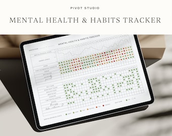 May include: A digital tablet displaying a mental health and habits tracker. The tracker includes sections for mental/physical state, energy levels, mood, positive/negative thoughts, focus, motivation, self-care, good night sleep, healthy food, meditation, time for relaxation, social, therapy, and take vitamin D. The tracker is designed to help users track their mental and physical well-being.