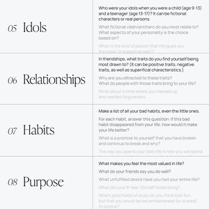 May include: A black and white image with a list of questions to help you reflect on your life. The questions are organised into four categories: Idols, Relationships, Habits, and Purpose.