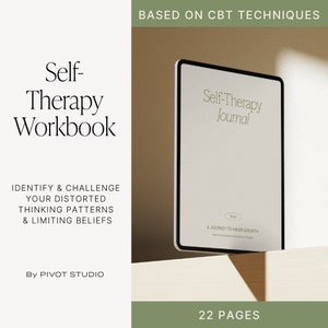 Może przedstawiać: Okładka cyfrowego dziennika z tekstem "Self-Therapy Journal" i słowami "A Journey to Inner Growth" na białym tle. Dziennik oparty jest na technikach CBT i ma 22 strony.