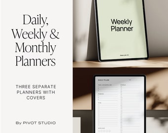 May include: Three digital planner templates displayed on tablet screens. The templates include a daily, weekly, and monthly planner. The screens are on a wooden surface with a light brown background.