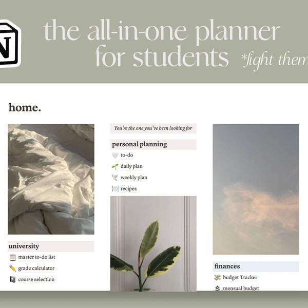 La plantilla de Notion para estudiantes todo en uno / Personalizable / Estética ligera / Planificador digital