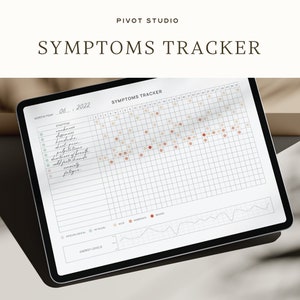May include: A digital tablet displaying a symptoms tracker for the month of June 2022. The tracker includes a list of symptoms, a grid for marking the severity of each symptom, and a graph for tracking energy levels.