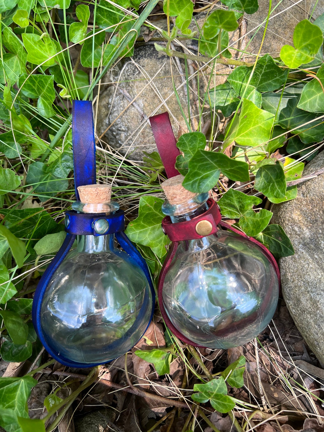 Round Potion Bottles With Leather Straps Etsy
