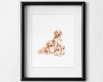 Akvarell Golden Retriever-familjetryck, väggkonst för valpar i barnrummet (digital nedladdning)