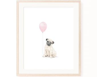 Pug Puppy Print with Pink Balloon, Nursery Wall Art (Digital Download)