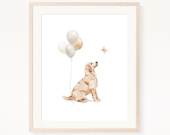 Valptryck med golden retriever, ballonger, barnrumsdekor (digital nedladdning)