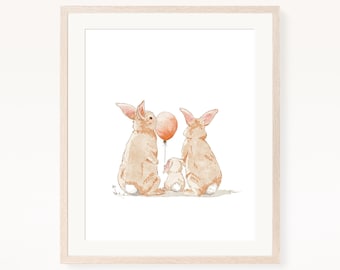 bunny prints, bunny family, watercolor bunny, bunny nursery decor, kid room wall art, printable wall art, digital download