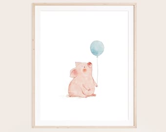 Baby Schwein Aquarell Druck, Ferkel mit Luftballon Wandkunst, Kinderzimmer Bauernhaus, druckbares Bauernhof Tier Dekor, sofortiger download