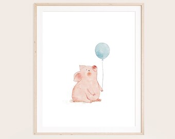 Piglet Watercolor Print, Pink Pig with Balloon, Nursery Decor (Digital Download)