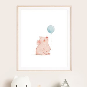 baby pig watercolor print, piglet with balloon wall art, farmhouse nursery decor, printable farm animal decor, instant download