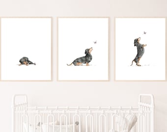 Dachshund Puppy Watercolor Print, Whimsical Nursery Art (Digital Download)
