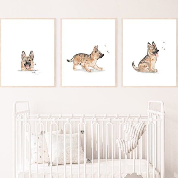 ジャーマンシェパードの子犬のプリント、気まぐれな子供部屋の壁アート（デジタルダウンロード）
