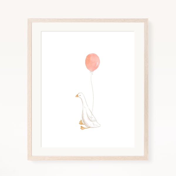 goose nursery wall art, goose with pink balloon print, minimalist decor, kid room wall art, printable wall art, digital download
