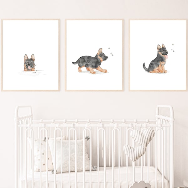 ジャーマンシェパードの子犬の保育園用アートプリント、気まぐれな犬の壁飾り（デジタルダウンロード）