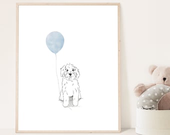 Cockapoo Puppy Print, Blue Balloon Nursery Decor (Digital Download)