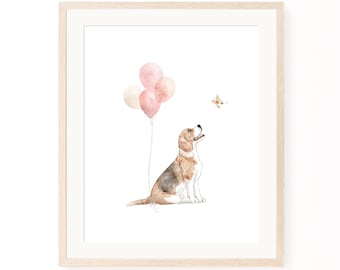 May include: A watercolour painting of a beagle dog sitting and looking up at three pink balloons and a butterfly. The dog is brown and white with a black nose and black eyes.