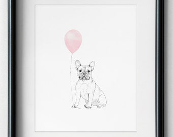 May include: A black and white illustration of a French bulldog sitting with a pink balloon. The image is framed in a black frame.