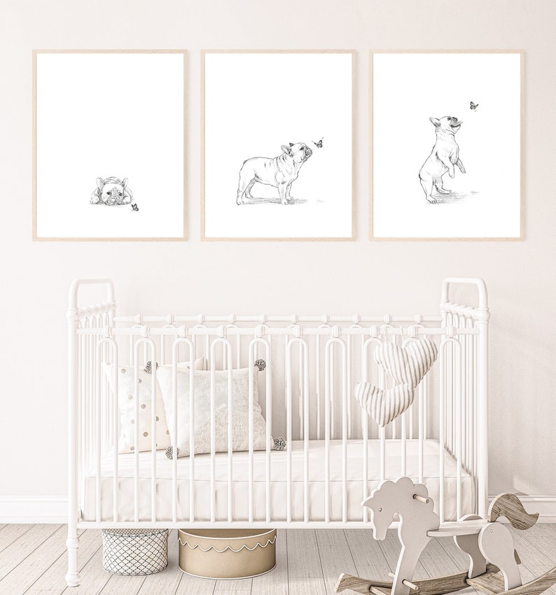 French Bulldog print, puppy nursery print, dog wall art, set of 3, kid room wall art, printable wall art, digital download image 1