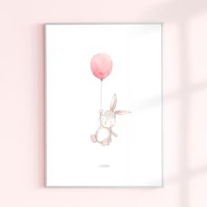 bunny nursery decor, bunny wall art, bunny nursery print, bunny with pink balloon, kid room wall art, printable wall art, digital download