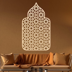 Moroccan window inspired by the Arabic Mashrabiya pattern / Decorative wooden window grille