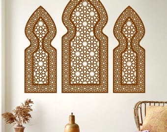 Set of 3 large Moroccan style wooden decorative panels on an Arabic window motif, Home decor, Gift for a new home, Wall decoration