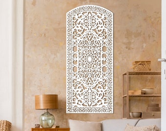May include: White decorative wall panel with an intricate, geometric design. The panel is made of wood and has a carved, lacy pattern. It is a great way to add a touch of elegance and sophistication to any room.