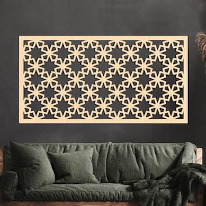 A large modern wood wall art stylized in the Arabic mashrabiya style, Traditional Art, Boho Home Décor, Rustic Wall Art, Islamic Home Décor