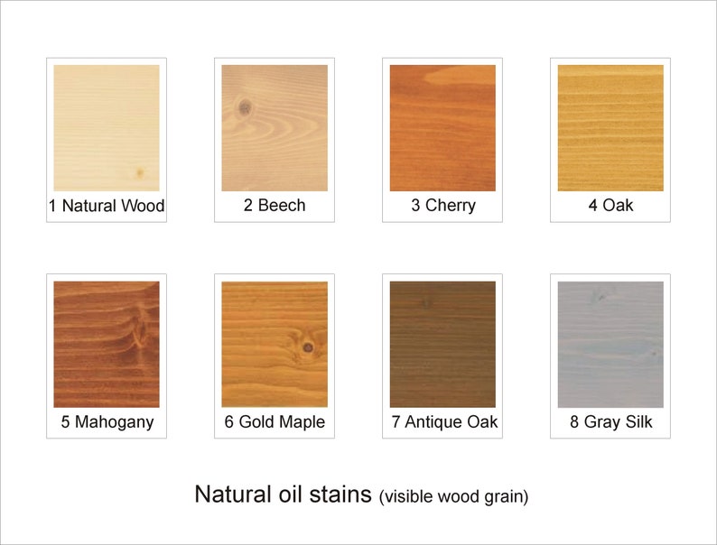 May include: Eight wood stain colour samples showing different shades of wood, including natural wood, beech, cherry, oak, mahogany, gold maple, antique oak, and grey silk. The samples are labelled with their corresponding names. The text "Natural oil stains (visible wood grain)" is displayed below the samples.