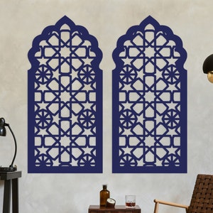 A beautiful wooden wall panel with a mashrabiya pattern embedded in a frame stylized as an Arabian window