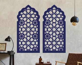 A beautiful wooden wall panel with a mashrabiya pattern embedded in a frame stylized as an Arabian window