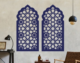 A beautiful wooden wall panel with a mashrabiya pattern embedded in a frame stylized as an Arabian window