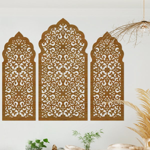 Triptych of wooden decorative panels in the Maroccan style on the motif of Arabic windows, Home décor, Living Room Art, Wall Hanging, Milo 