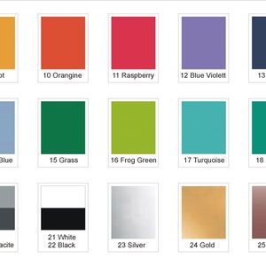 May include: A colour chart with 25 different colours, each colour is labelled with a number and a name. The colours include apricot, orangine, raspberry, blue violet, sapphire, cool blue, grass, frog green, turquoise, emerald, grey, anthracite, white, black, silver, gold, and copper.