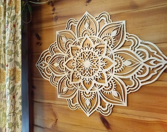 Mandala Wooden Rosette, Diamond Shape Natural Filigree Wood Rhombus Folk, Floral Ethnic Shadow, Orient Flower Cutout, Gifts, New Home Decor