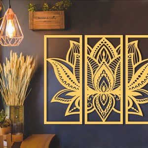 Mandala Lotus Flower, Wooden Lotus Wall Decor, 3 Panel Wood Wall Art, Panels For Hanging on Wall, Wall Art Decoration, Large Lotus Panel