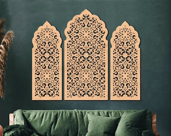 Triptych of wooden decorative Morocco wall panels on the motif of Arabic windows, Home décor, Living Room Art, Wall Hanging, Milomandala