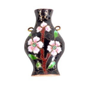Vintage Cloisonne Enamel Green Flower Vase Necklace Pendant Charm Urn