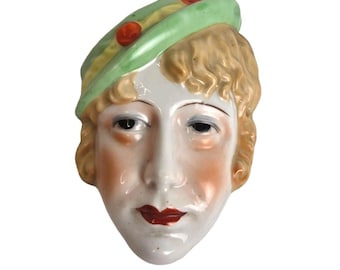 Quadro antico Art Déco con volto di donna, tasca da parete, anni '30, cappello verde, prodotto in Giappone.