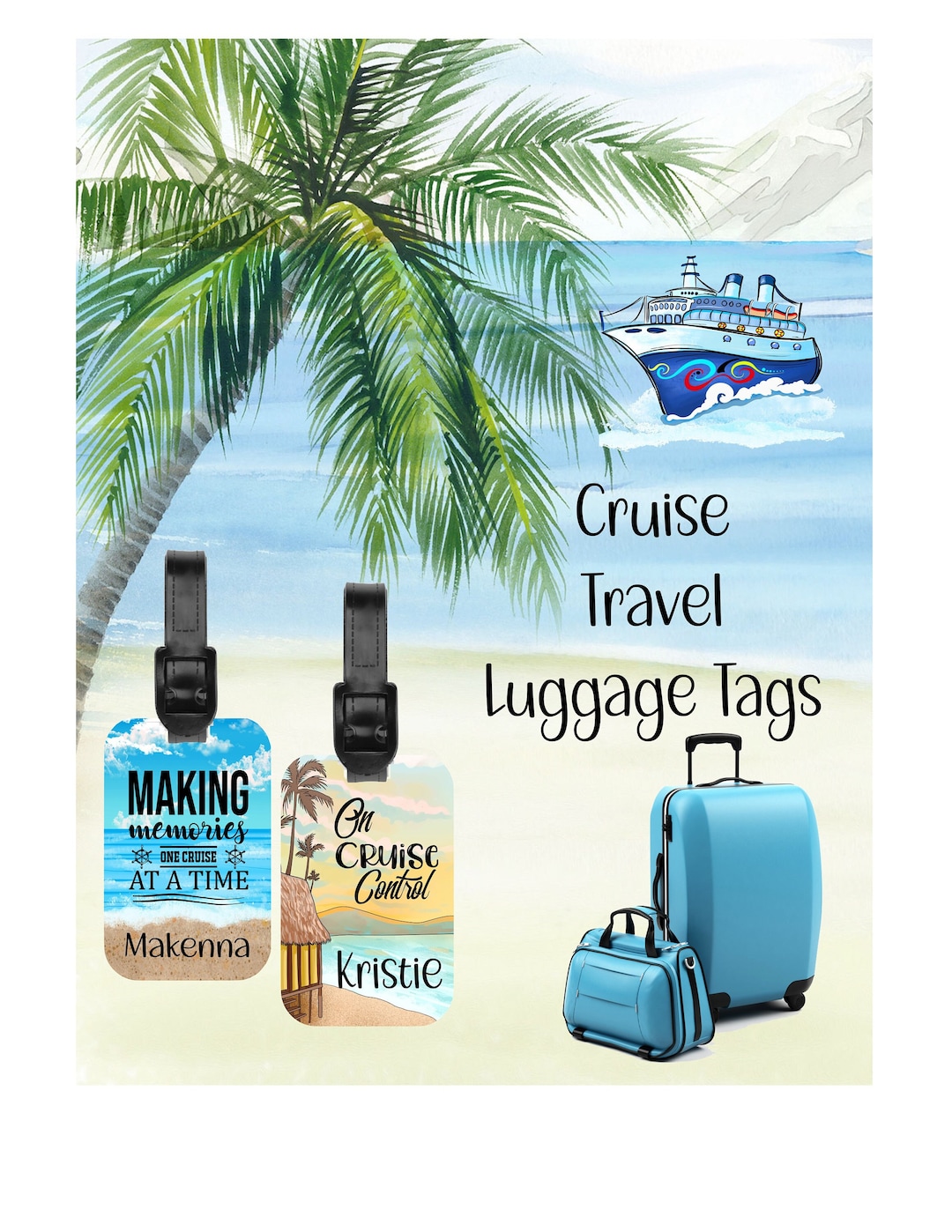 Set of 2 Personalized Cruise Travel Luggage Tags, Vacation Luggage Tags